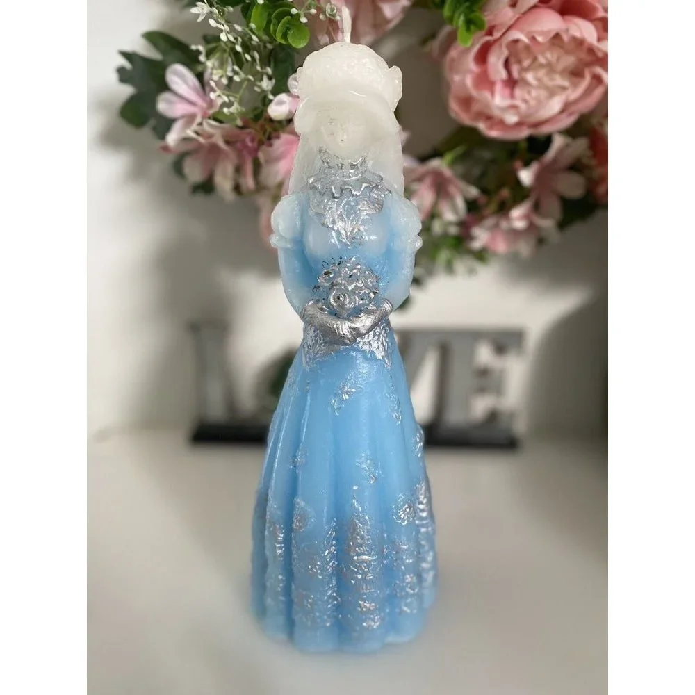 Vintage Lady Holding Bouquet Blue Silver Candle 10” Molded Wax‎ Figure Swedish
